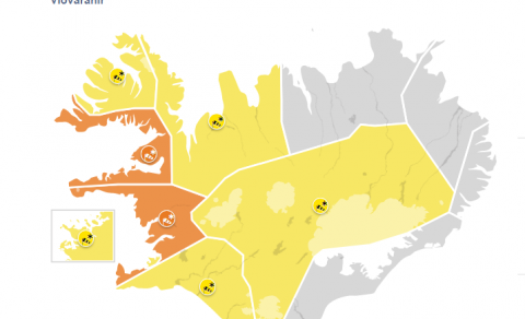 Appelsínugul viðvörun í gildi frá hádegi.
